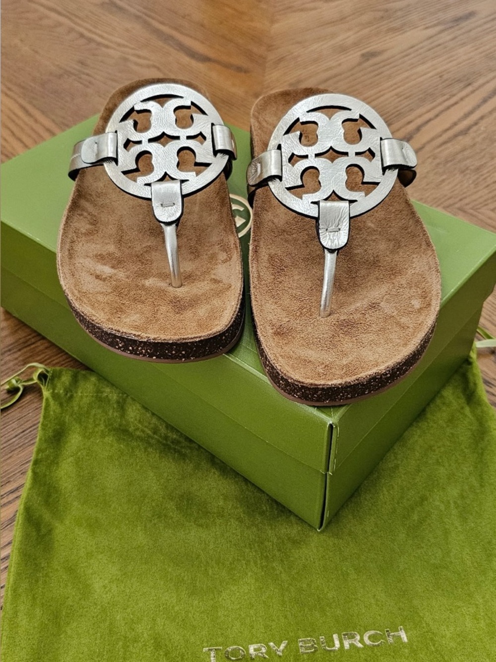 NEW!! Tory Burch Miller Cloud Brown Suede Sandals With Champagne Gold Leather